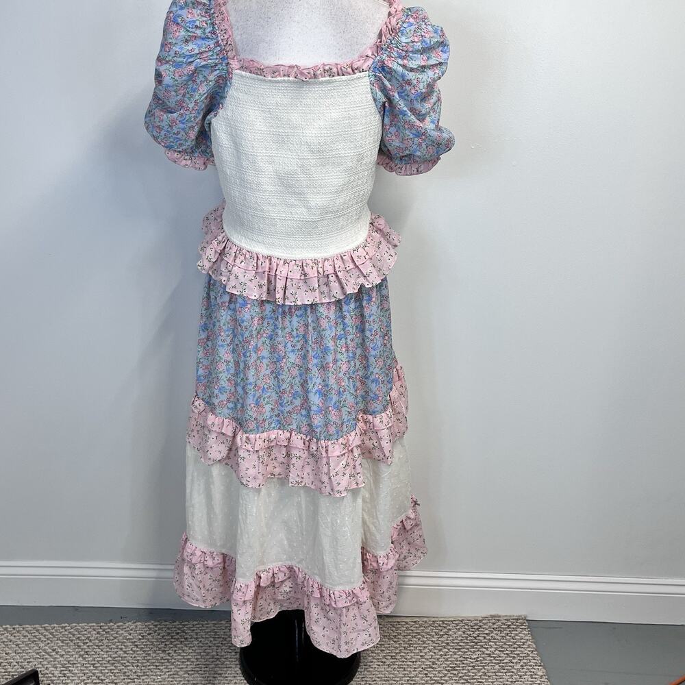 Ivy City Co Emily Dress sz Large Smocked Blue Pink Patchwork Floral Cottage Core - Picture 9 of 10